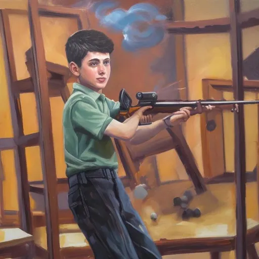 Prompt: OIL PAINTING OF A boy shooting up a school