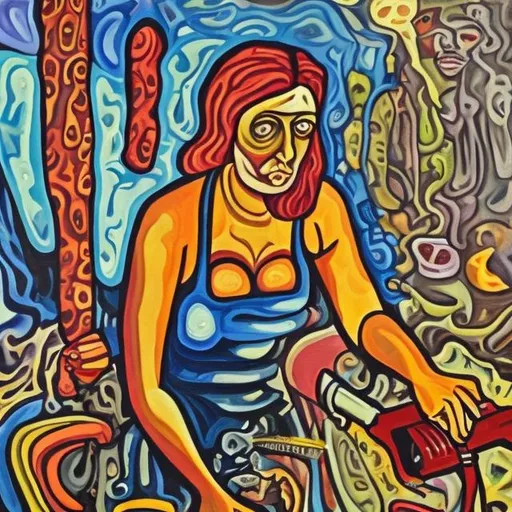 Prompt: Oil painting of a woman who just ate her kids and is cutting up her wife with a saw, trippy, sus