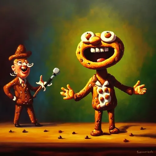 Prompt: Oil painting, The cookie man is singing like a champ