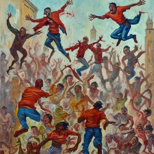 Prompt: Oil painting of Men jumping off a tall building as paint people try to catch them with blood, brains everywhere and dogs eat the corpses 