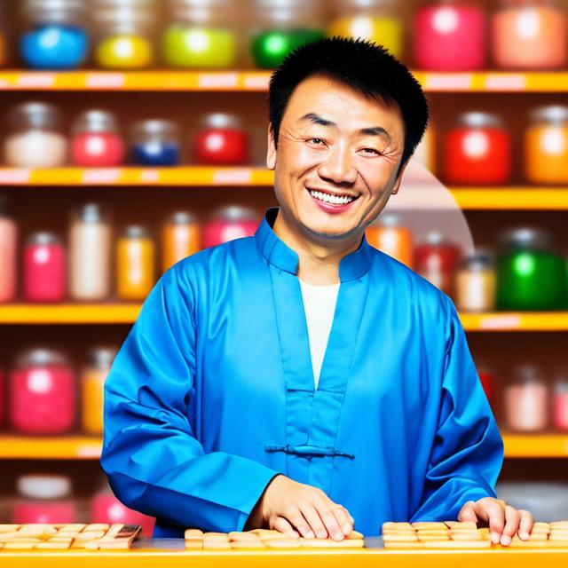Prompt: The Chinese man in the shop greets you with a smile