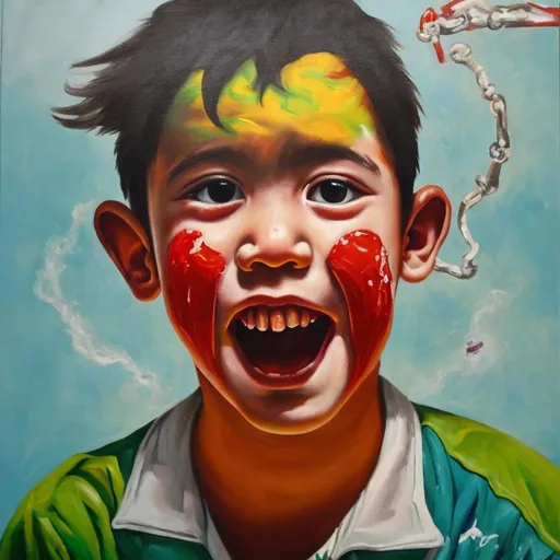 Prompt: Oil painting, A bad San crazy boy