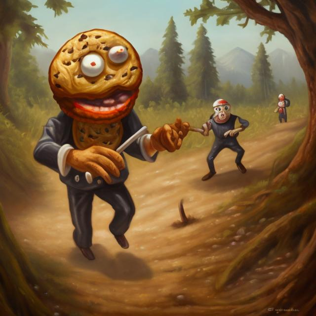 Prompt: Oil painting of a cookie person hunting people 