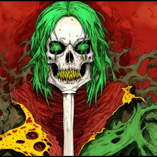 Prompt: A red in the yellow in the green hair and flesh tear and rip bones