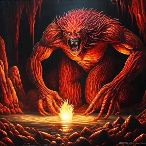 Prompt: Oil painting The creature made of human shines in a very red place 