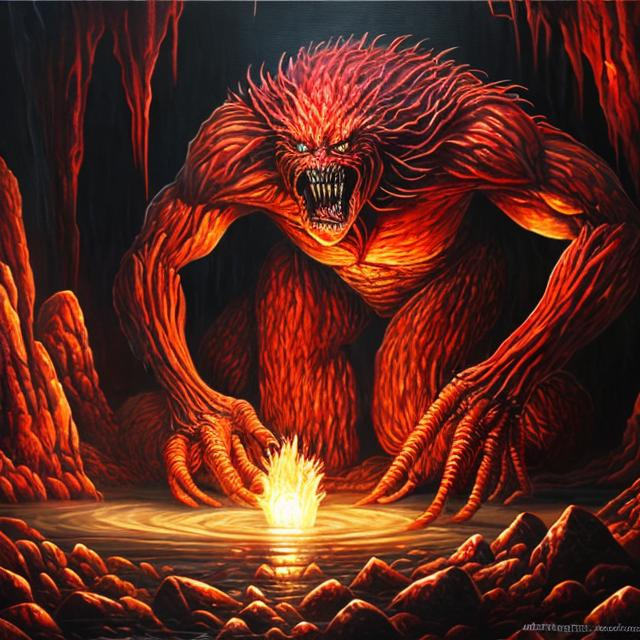 Prompt: Oil painting The creature made of human shines in a very red place 