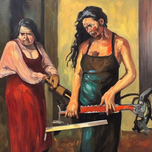 Prompt: Oil painting of a woman who just ate her kids and is cutting up her wife with a saw.