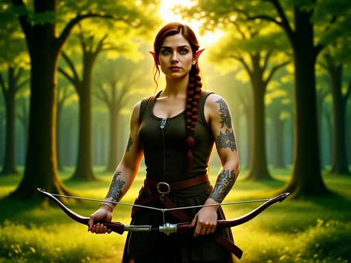 Prompt: Elf ranger in a mystical forest around sunlight