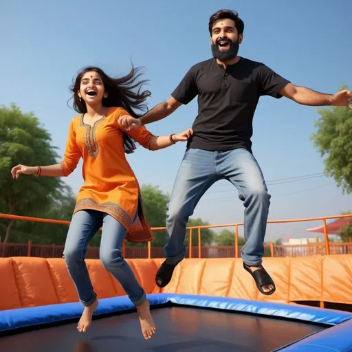 Prompt: Bearded Indian man wearing jeans and black tshirt , 21-year-old Indian girl in voilet shalwar kameez, joyful trampoline bouncing, Sky Zone setting, radiant smiles, playful love in their eyes, carefree laughter, vibrant and lively atmosphere, high energy, detailed facial features, professional 3D rendering, vibrant colors, dynamic lighting, high quality, joyful, vibrant, detailed faces, lively atmosphere