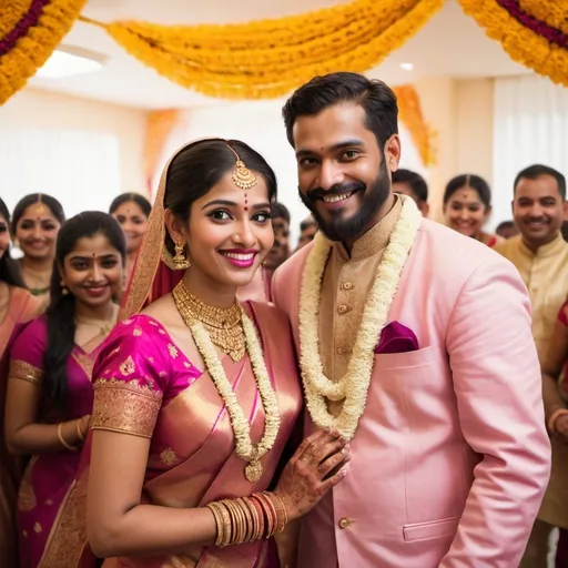 Prompt: An animated South Indian wedding scene featuring a beautiful 24-year-old bride wearing a pink saree with a shiny golden pattern. The bride is adorned with gold ornaments, including a long gold chain, a small necklace, and a traditional 'Kasula Peru' (gold coin necklace). She is smiling next to the groom, who has a mustache and beard of matching length, giving him a mature look. The groom is 31 years old bearded wearing a matching kurta and a well-stitched dhoti. The marriage banquet hall is bright and festive, decorated with traditional elements. The animated characters are portrayed with refined and attractive features, exuding happiness and grace