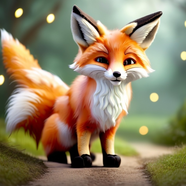 Prompt: A whimsically drawn (((cheerful and cute fox-folk girl))) with pointy-eared ears, luxuriously long and straight white-blonde hair flowing in the wind, her paws placed gracefully on the ground as she takes each step with deliberate care, against a backdrop of a serene forest filled with twinkling lights. The image captures her playful charm, blending elements of human-like elegance with the rustic charm of a traditional woods.