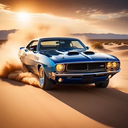 Prompt: (muscle car drifting), expansive desert landscape, warm golden hues, dramatic sunset, swirling dust clouds, (dynamic motion), high-quality detail, intricate reflections, vivid blue sky, shadows stretching across the sand, cinematic atmosphere, adrenaline-fueled excitement, ultra-detailed, showcasing power and speed.