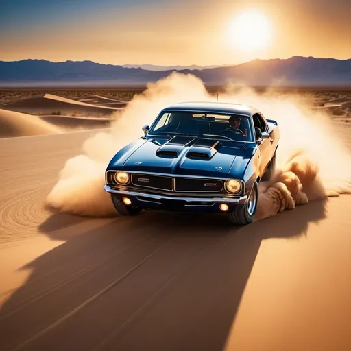 Prompt: (muscle car drifting), expansive desert landscape, warm golden hues, dramatic sunset, swirling dust clouds, (dynamic motion), high-quality detail, intricate reflections, vivid blue sky, shadows stretching across the sand, cinematic atmosphere, adrenaline-fueled excitement, ultra-detailed, showcasing power and speed.