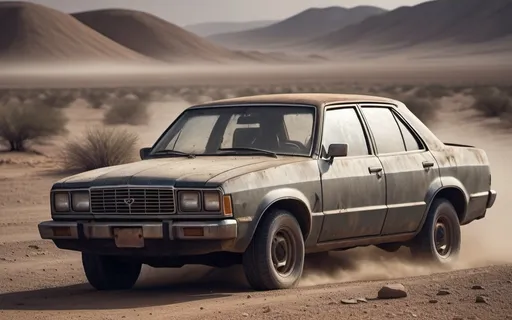 Prompt: A car driving through an apocalyptic wasteland, (barren landscape), (dust storms swirling), desolate, cracked terrain, (dark, ominous skies), sparse, twisted vegetation, hints of ruined cities in the distance, (high detail 4K), gritty atmosphere, intense emotions of isolation, dramatic lighting casting long shadows, showcasing survival against all odds.