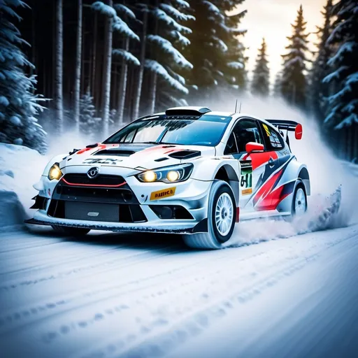 Prompt: (rally car), racing through a snowy forest, (dynamic motion), snowflakes swirling around, trees covered in frost, cool tones, (high contrast), adventurous atmosphere, overcast sky, (ultra-detailed), tire tracks imprinting on fresh snow, chilly and exhilarating vibe, capturing the thrill of speed amidst serene nature, 4K quality.