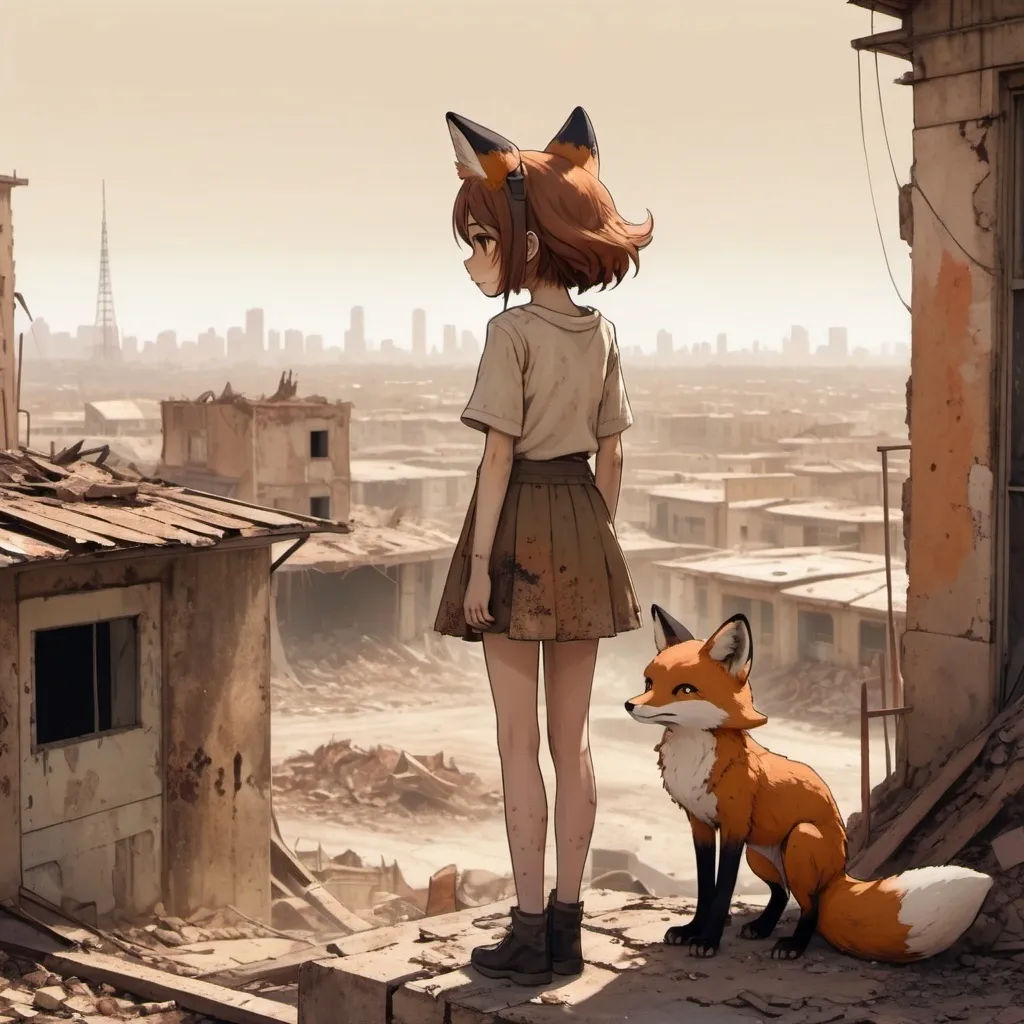 Prompt: (fox-folk girl with human features), wearing a cute skirt, standing on a crumbling building, watching,  dusty wasteland background, lower cityscape with distant cars driving by, warm tone palette, atmospheric vibe, contrasts of decay and energy, whimsical yet gritty, realistic anime style.