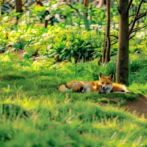 Prompt: (serene forest), small cottage nestled among trees, gentle sunlight streaming through leaves, (vibrant greens), calming atmosphere, a fluffy red fox peacefully sleeping in the clearing, dappled light creating beautiful patterns on the ground, ultra-detailed, nature's tranquility, picturesque scenery, enchanting ambiance, inviting and warm feeling, (4K) quality.