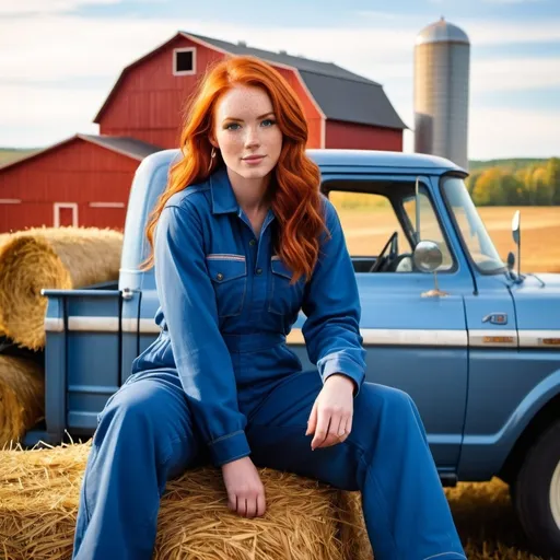 Prompt: A (woman with red hair), fair skin with (freckles), dressed in (blue coveralls) sitting in the bed of a (rusty vintage work pickup truck) filled with (hay), vibrant (farm background) featuring a (red barn), a (silver grain silo), and (horses in a corral), warm lighting, cozy atmosphere, high detail, (ultra-detailed), rural setting, nostalgic ambiance, harmonious colors capturing the essence of a picturesque countryside scene.