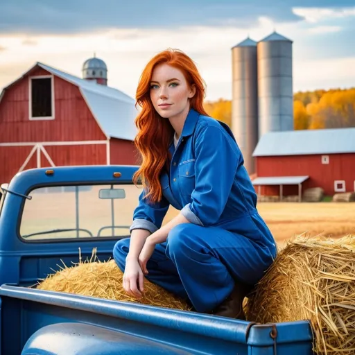 Prompt: A (woman with red hair), fair skin with (freckles), dressed in (blue coveralls) sitting in the bed of a (rusty vintage work pickup truck) filled with (hay), vibrant (farm background) featuring a (red barn), a (silver grain silo), and (horses in a corral), warm lighting, cozy atmosphere, high detail, (ultra-detailed), rural setting, nostalgic ambiance, harmonious colors capturing the essence of a picturesque countryside scene.