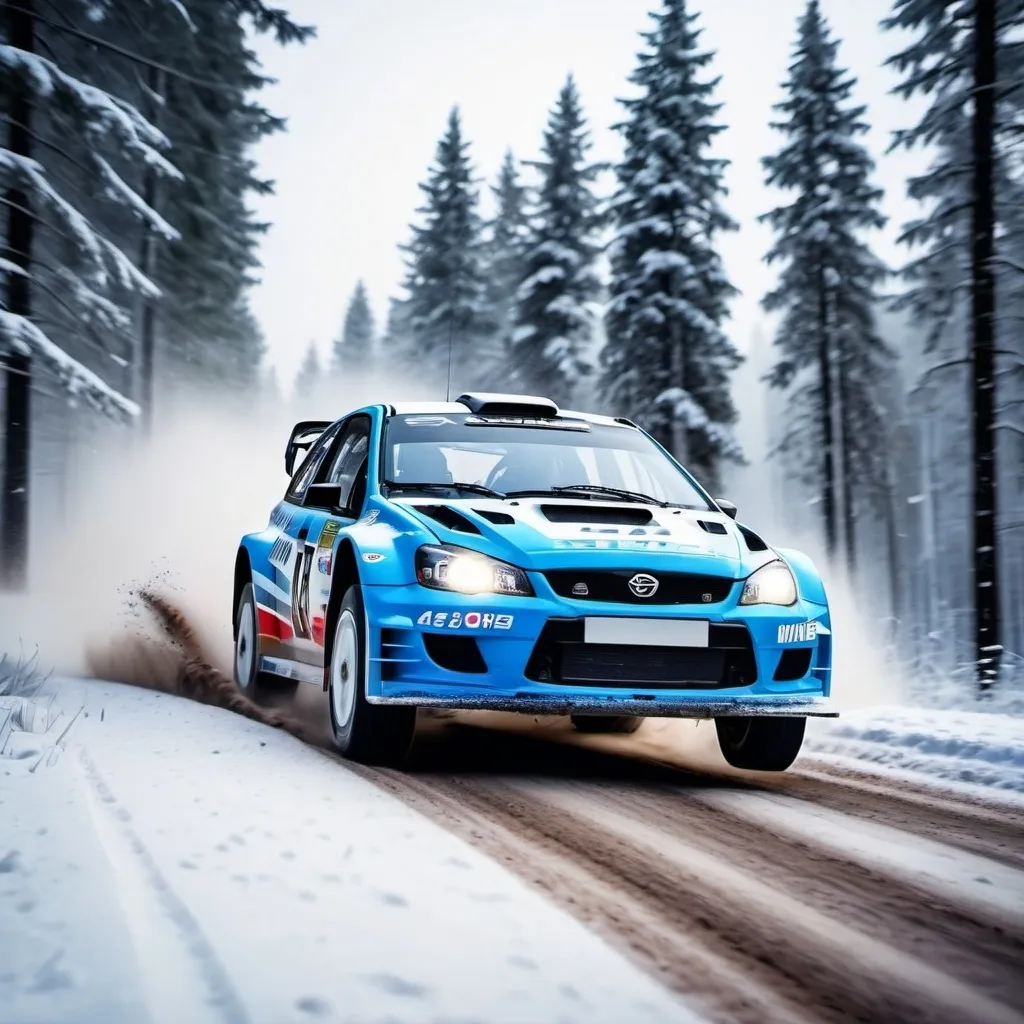 Prompt: (rally car), racing through a snowy forest, (dynamic motion), snowflakes swirling around, trees covered in frost, cool tones, (high contrast), adventurous atmosphere, overcast sky, (ultra-detailed), tire tracks imprinting on fresh snow, chilly and exhilarating vibe, capturing the thrill of speed amidst serene nature, 4K quality.