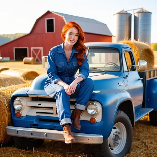 Prompt: A (woman with red hair), fair skin with (freckles), dressed in (blue coveralls) sitting in the bed of a (rusty vintage work pickup truck) filled with (hay), vibrant (farm background) featuring a (red barn), a (silver grain silo), and (horses in a corral), warm lighting, cozy atmosphere, high detail, (ultra-detailed), rural setting, nostalgic ambiance, harmonious colors capturing the essence of a picturesque countryside scene.