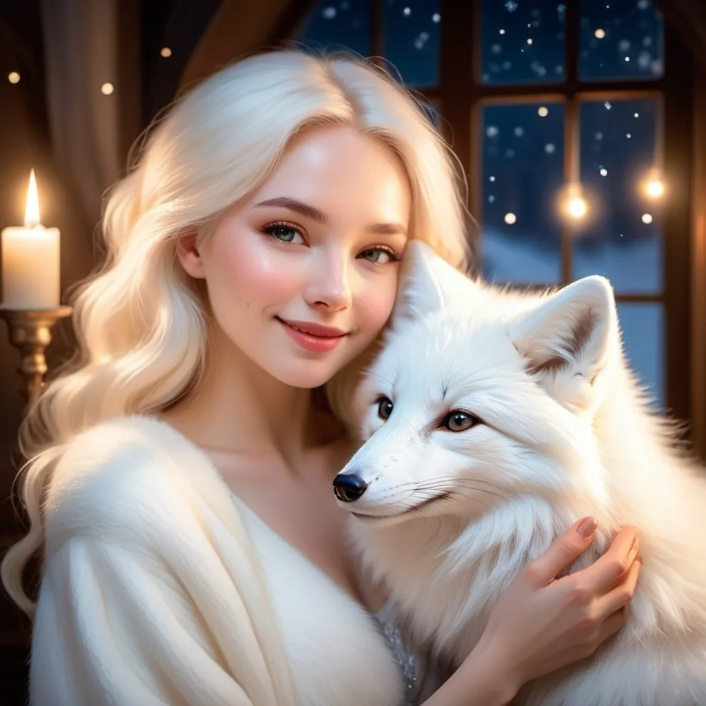 Prompt: A (((cute woman))) with pale skin and rosy cheeks, smiling softly as she gently pets the fur of a (((fluffy white fox))), its luxurious galaxy fur emitting a warm glow, like a shining star against a backdrop of a serene snowy landscape, under a cozy candlelight, creating an enchantingly cozy atmosphere