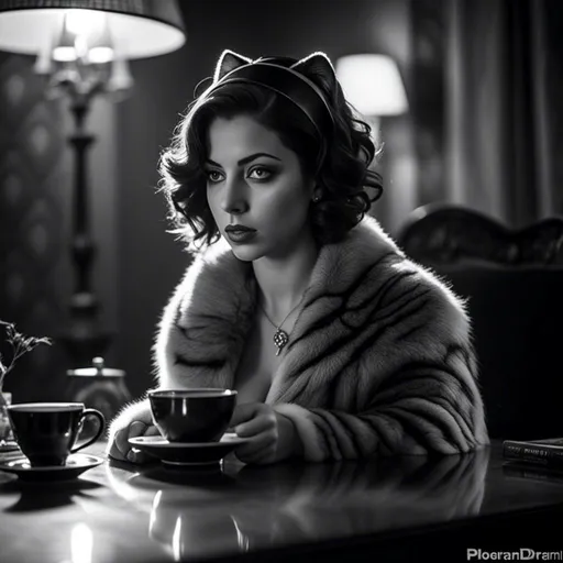 Prompt: <mymodel>Photo-film noir style, cat sitting on the table, steamy coffee mug, fiction book, detailed fur with cool reflections, intense and focused gaze, atmospheric lighting, black and white, vintage, cinematic, mystery, highres, ultra-detailed, classic, noir, detailed eyes, professional