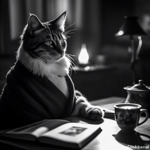 Prompt: <mymodel>Photo-film noir style, cat sitting on the table, steamy coffee mug, fiction book, detailed fur with cool reflections, intense and focused gaze, atmospheric lighting, black and white, vintage, cinematic, mystery, highres, ultra-detailed, classic, noir, detailed eyes, professional