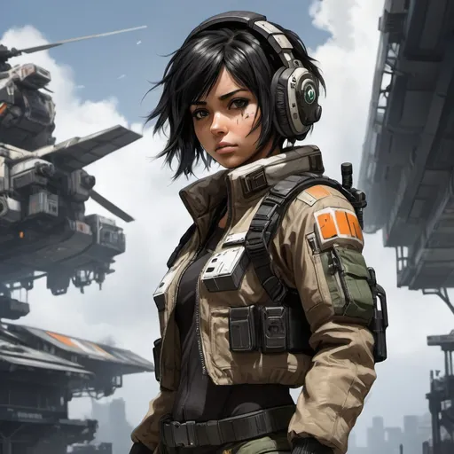 Prompt: mech pilot, futuristic helmet, waist mounted maneuver gear, titanfall 2, bomber jacket, armed with tanto blade, hangar background, female, slender, anime style, black hair, mocha skin, large scar horizontally across nose, large scar vertically across left eye, full helmet, cell shaded