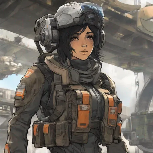 Prompt: human mech pilot, futuristic helmet, waist mounted maneuver gear, titanfall 2, bomber jacket, hangar background, female, slender, anime style, black hair, mocha skin, large scar horizontally across nose, large scar vertically across left eye, full helmet, sniper rifle