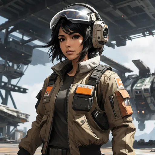 Prompt: mech pilot, futuristic helmet, waist mounted maneuver gear, titanfall 2, bomber jacket, armed with tanto blade, hangar background, female, slender, anime style, black hair, tan skin