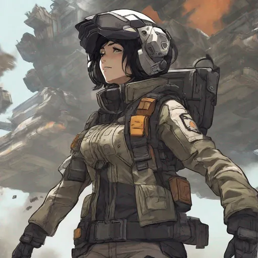 Prompt: human mech pilot, futuristic helmet, waist mounted maneuver gear, titanfall 2, bomber jacket, battlefield background, female, slender, anime style, black hair, mocha skin, large scar horizontally across nose, large scar vertically across left eye, full helmet, manga style, drawn, dirty