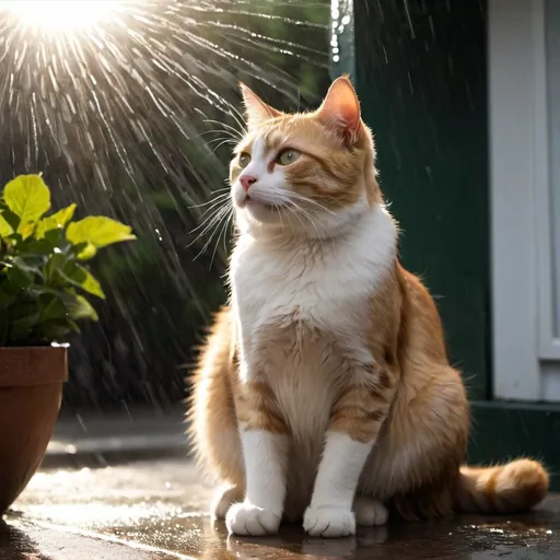 Prompt: A cat sitting in the rain and the sun shines upon it.