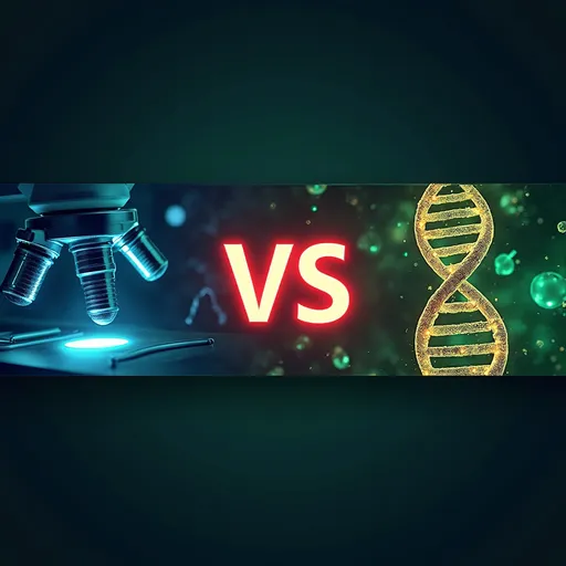 Prompt: "A high-quality, vibrant YouTube thumbnail design featuring a dramatic biology battle theme. On the left, a detailed close-up of a microscope lens glowing with blue light. On the right, a glowing DNA double helix with green and gold tones. Between them, a bold, glowing red 'VS' symbol. Background is a smooth gradient of deep blue and emerald green with faint, artistic patterns of cells and molecular structures. The style is modern, clean, and premium with sharp contrasts and subtle 3D effects. Include space at the top or bottom for bold, white/gold text reading ‘Biology Battles!’ and a small logo area. The overall image looks rich, professional, and visually striking."