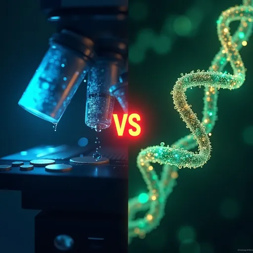 Prompt: "A high-quality, vibrant YouTube thumbnail design featuring a dramatic biology battle theme. On the left, a detailed close-up of a microscope lens glowing with blue light. On the right, a glowing DNA double helix with green and gold tones. Between them, a bold, glowing red 'VS' symbol. Background is a smooth gradient of deep blue and emerald green with faint, artistic patterns of cells and molecular structures. The style is modern, clean, and premium with sharp contrasts and subtle 3D effects. Include space at the top or bottom for bold, white/gold text reading ‘Biology Battles!’ and a small logo area. The overall image looks rich, professional, and visually striking."