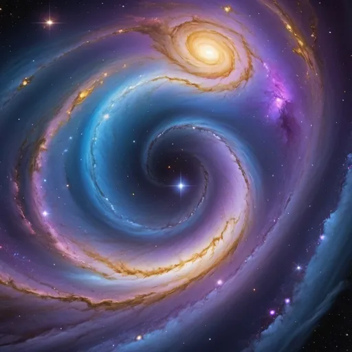Prompt:  Imagine a scene where swirling galaxies merge, with vibrant colors of purple, blue, and gold blending together, creating a cosmic dance.