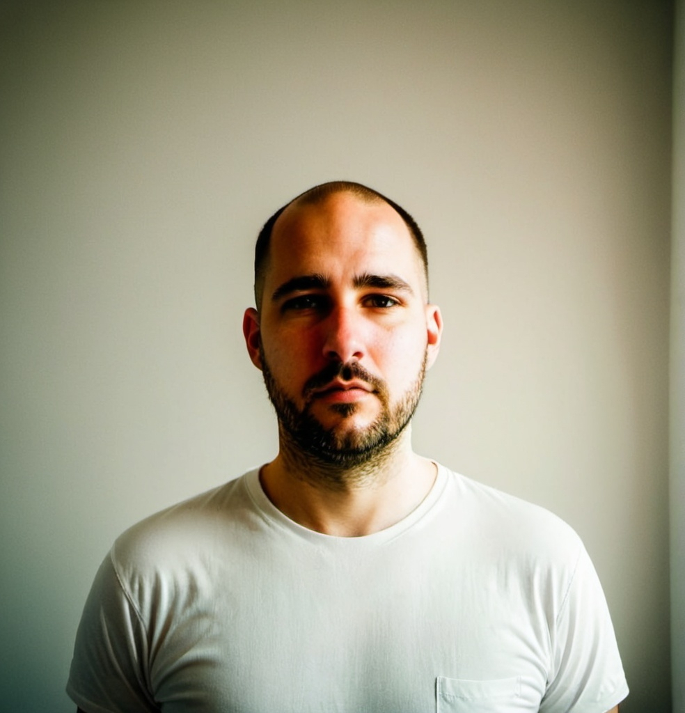 Prompt: a man with a beard and a white shirt is posing for a picture with his hands in his pockets, Filip Hodas, arbeitsrat für kunst, studio portrait, a character portrait