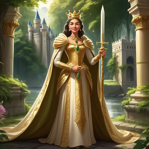 Prompt: Image Prompt:
A majestic kingdom set in an ancient era. The kingdom has tall, grand castles surrounded by lush green forests and a river flowing nearby. The king, wearing a golden crown and royal attire, stands tall with a dignified expression, holding a sword. The queen, with a serene smile, is dressed in an elegant royal gown, adorned with jewels and a crown. Both of them are standing together, looking at their kingdom in the distance. The sunlight is warm, casting a golden glow.