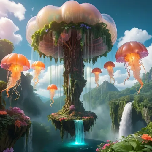 Prompt: A floating island in the sky with a cascading waterfall that spills into the clouds below. The island is covered in lush greenery, with enormous glowing trees and vibrant flowers that emit soft, ethereal light. Suspended in the air , glowing jellyfish-like creatures float around , adding a magical otherworldly atmosphere