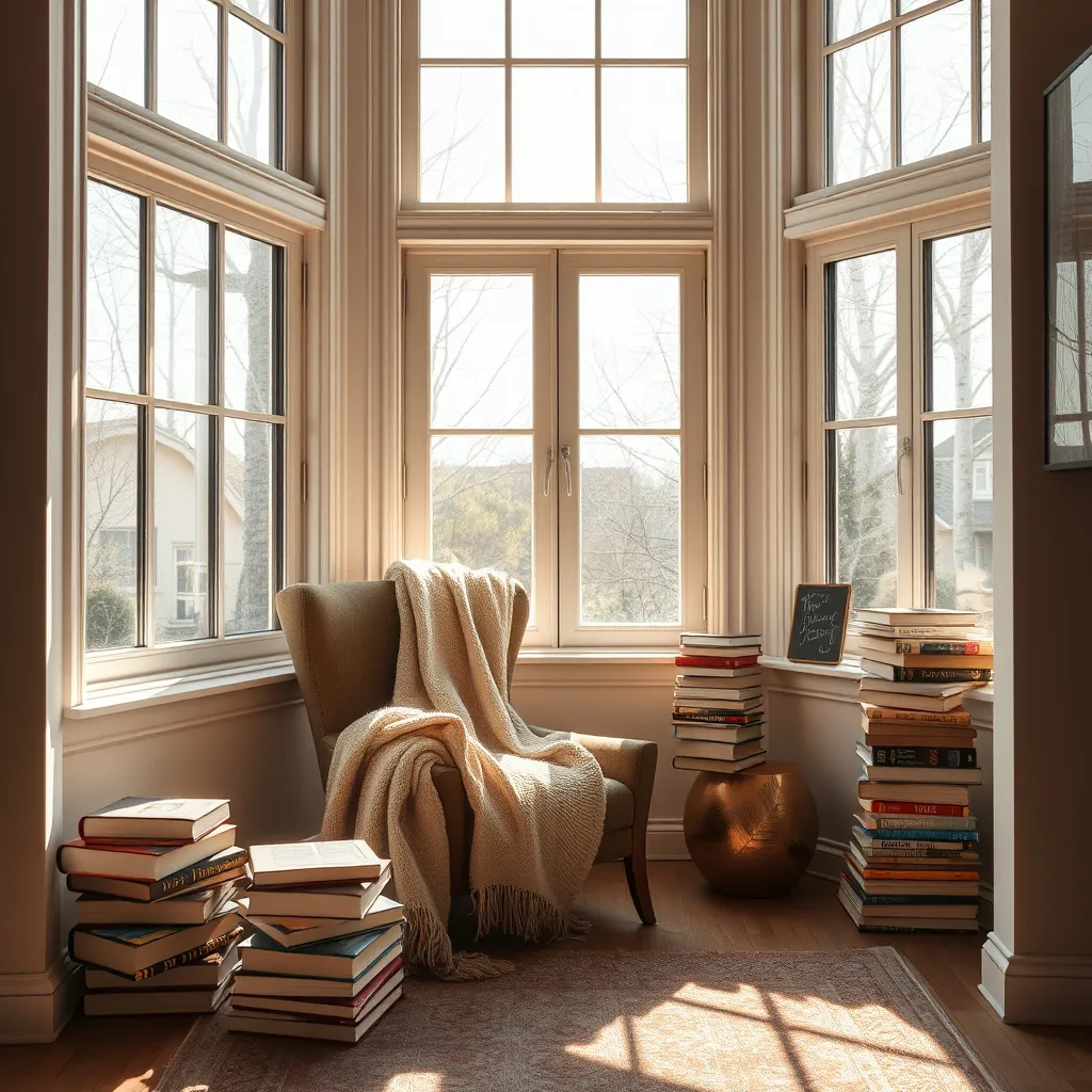 Prompt: a snug corner with a comfy chair, a soft blanket, and a stack of books by a large window. Warm light streams in, creating a perfect, inviting spot for relaxation (cozy reading book)