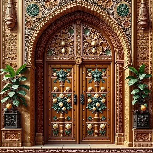Prompt: ارسم باب منزل تراثيبة عربية بغدادية مزخرفة بزخارف نباتية وورود واشكال هندسية بسيطة وجميلة
