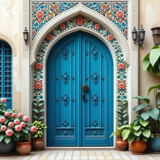 Prompt: ارسم باب منزل تراثيبة عربية بغدادية مزخرفة بزخارف نباتية وورود واشكال هندسية بسيطة وجميلة