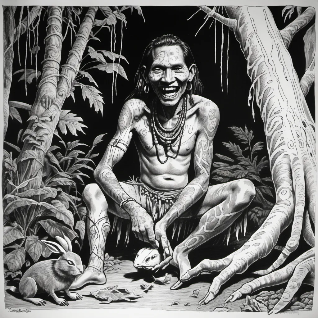 Prompt: schizophrenic ink drawing of the leader of uncontacted tribe in the jungle eating a rabbit, shaman, leader, jungle setting, scary, tattoos, dark, sharp teeth, ink drawing, pain, anger, fear, anguish, impending doom, death, despair, destruction, smile, smiling, smiles, happy, webbed feet, ominous smile, fish, webbed toes, scales, fish