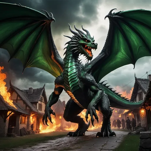 Prompt: (black and green dragon) walking on two legs, (attacking the village), sharp claws, fire breathing, houses on fire, fleeing villagers, dark clouds overhead, dynamic action pose, medieval setting, vibrant colors with deep blacks and intense greens, dramatic lighting, high contrast, ominous and threatening atmosphere, detailed scales and wings, highly detailed background, ultra-detailed, 4K kwaliteit, epic fantasy scene