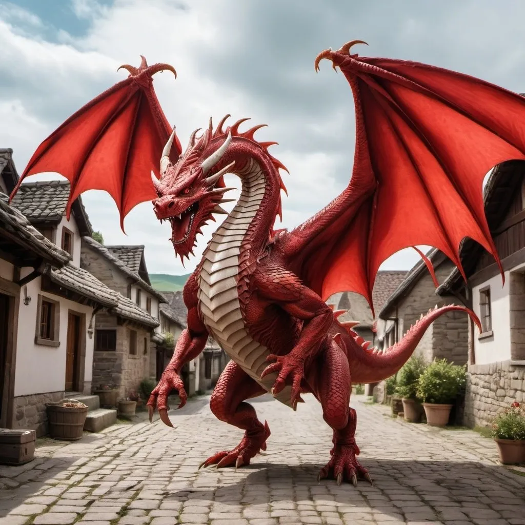 Prompt: a red dragon walking on two legs, has two arms and is attacking the village