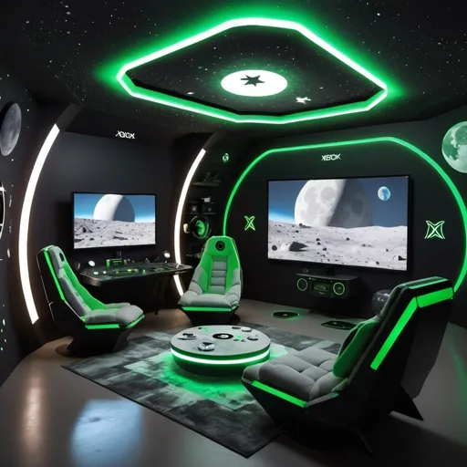 Prompt: Futuristic xbox gaming room on the moon