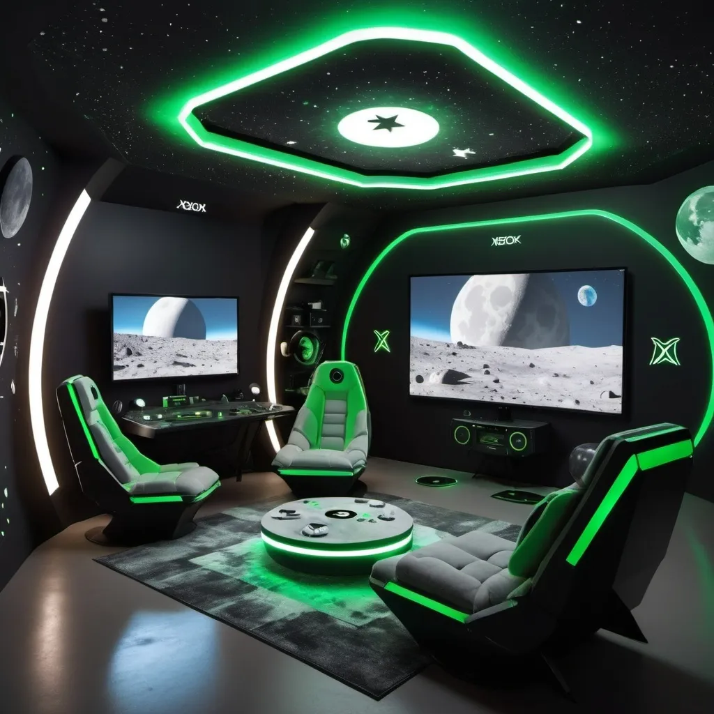 Prompt: Futuristic xbox gaming room on the moon