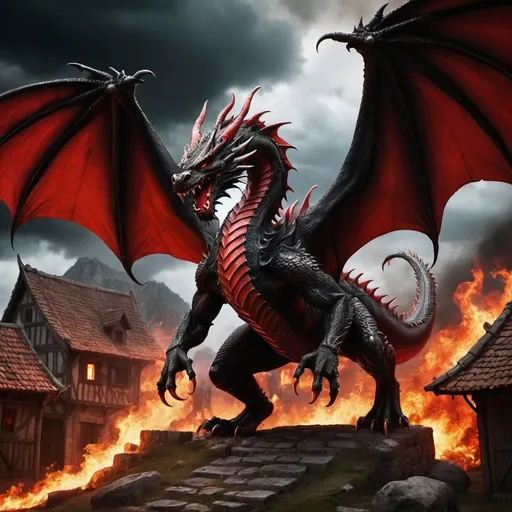 Prompt: (black and red dragon) walking on two legs, (attacking the village), sharp claws, fire breathing, houses on fire, fleeing villagers, dark clouds overhead, dynamic action pose, medieval setting, vibrant colors with deep blacks and intense reds, dramatic lighting, high contrast, ominous and threatening atmosphere, detailed scales and wings, highly detailed background, ultra-detailed, 4K kwaliteit, epic fantasy scene