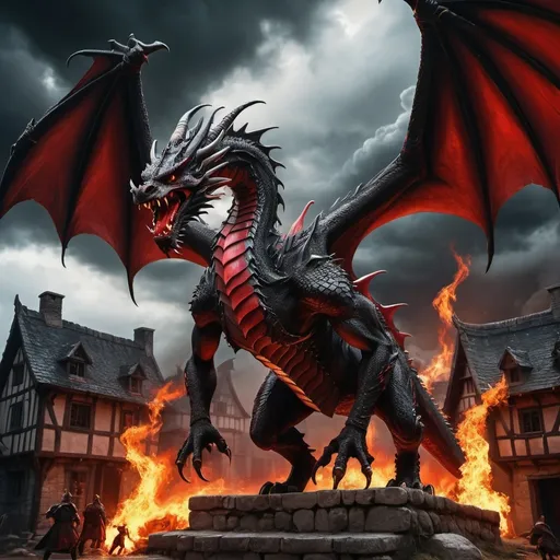 Prompt: (black and red dragon) walking on two legs, (attacking the village), sharp claws, fire breathing, houses on fire, fleeing villagers, dark clouds overhead, dynamic action pose, medieval setting, vibrant colors with deep blacks and intense reds, dramatic lighting, high contrast, ominous and threatening atmosphere, detailed scales and wings, highly detailed background, ultra-detailed, 4K kwaliteit, epic fantasy scene