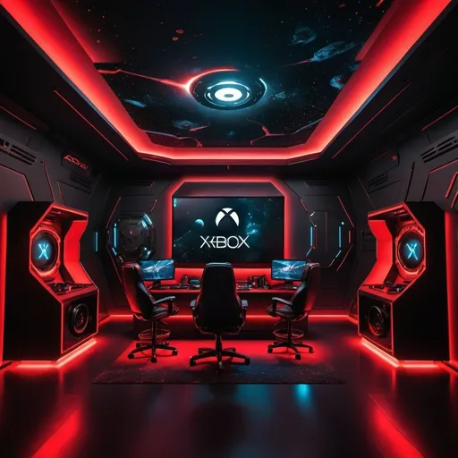 Prompt: Futuristic black xbox gaming room with red lights in space